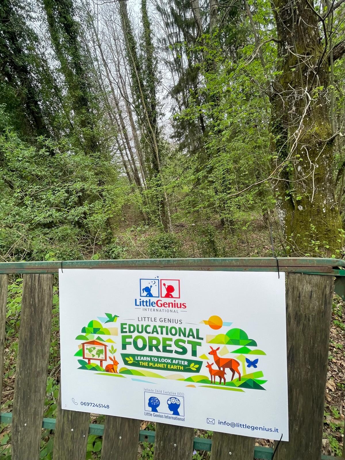 Ingresso nel bosco Little Genius Educational Forest con il cartello del progetto