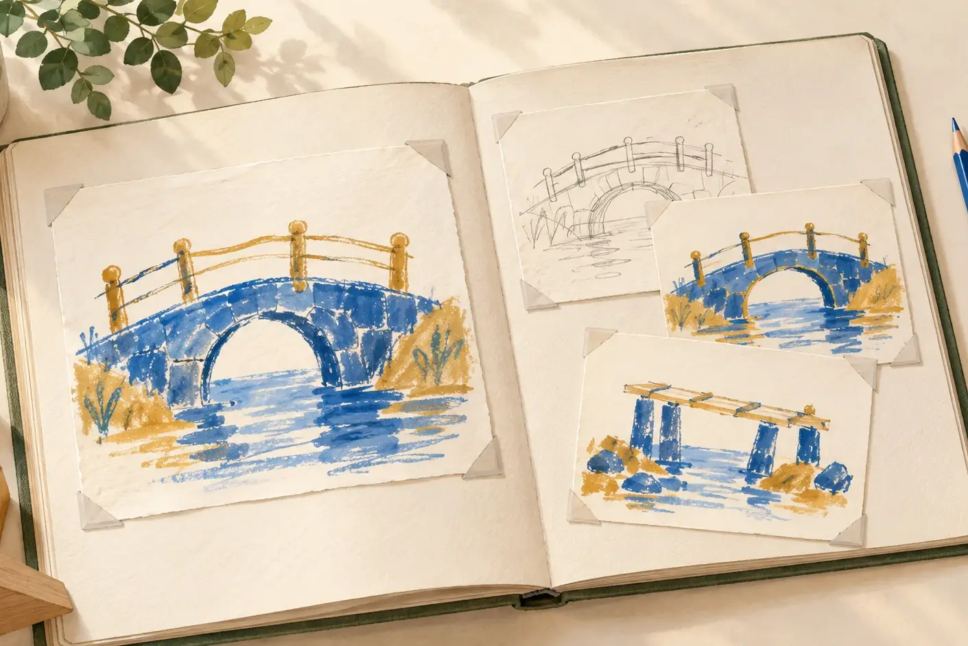 Illustrazione di un portfolio aperto con disegni di un ponte, piccole prove e materiali creativi.