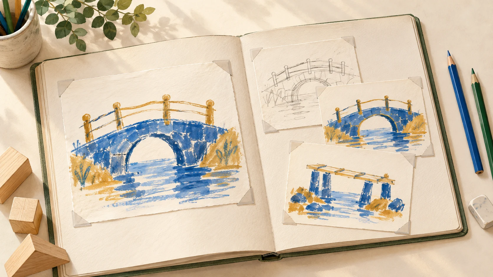 Illustrazione di un portfolio aperto con disegni di un ponte, piccole prove e materiali creativi.