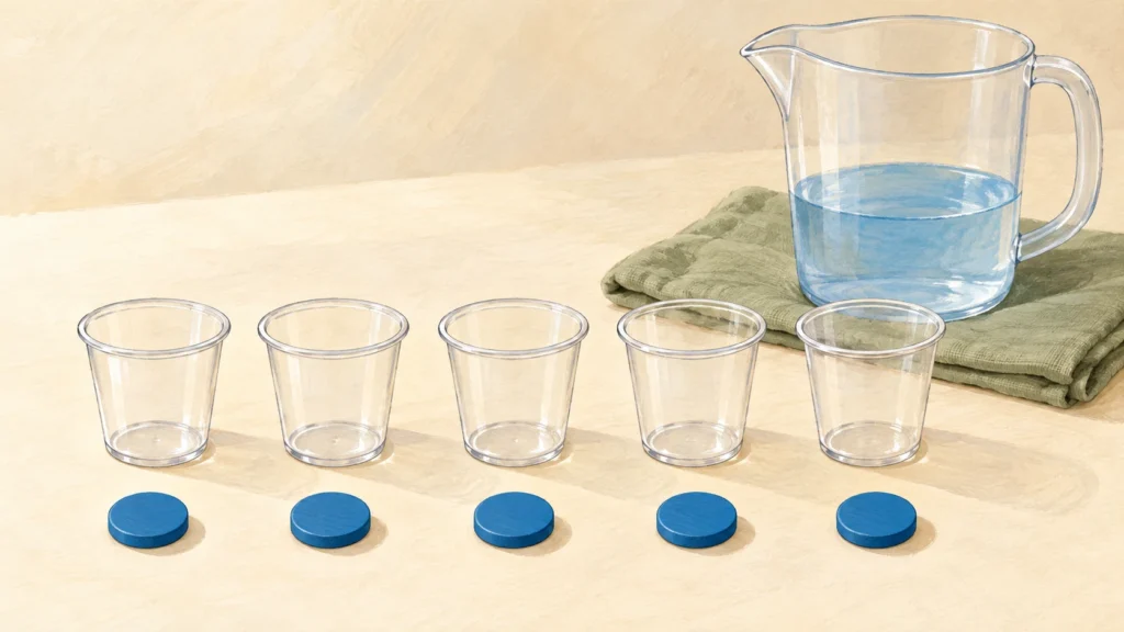 Illustrazione di cinque bicchieri uguali, cinque gettoni blu e un recipiente con acqua.