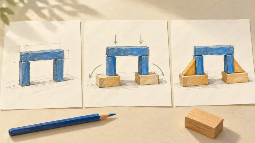 Illustrazione di tre fogli con successive prove dello stesso ponte di blocchi, con basi e sostegni diversi.